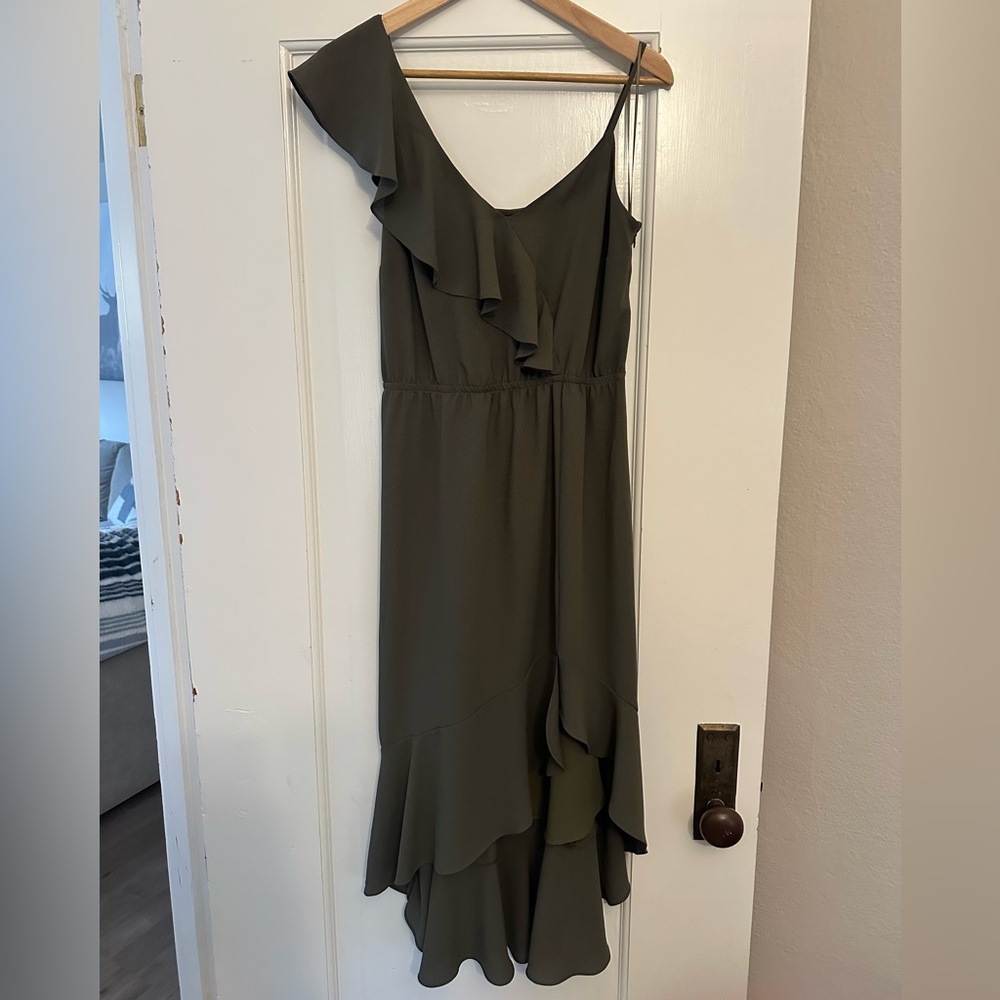 1. State Asymmetrical Olive Dress